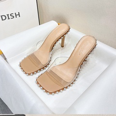 neue Damenschuhe transparente PVC-Quadratkopf-Strass-Stiletto-Sandalen mit hohen Absätzen