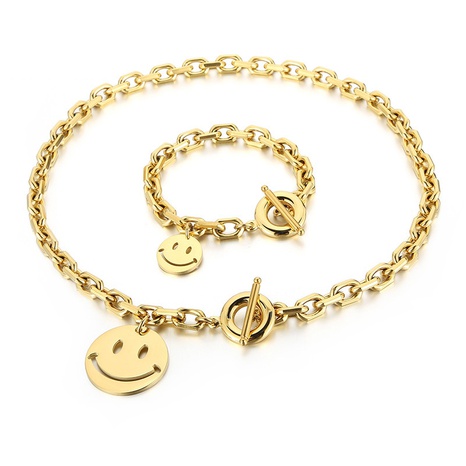 fashion creative smiley face titanium steel gold plated bracelet necklace's discount tags