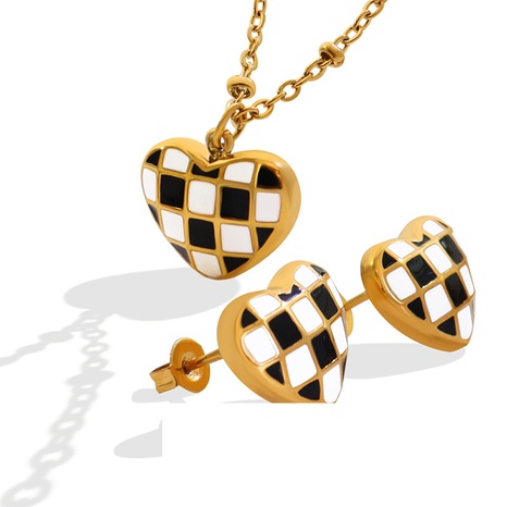 fashion retro heart-shaped checkerboard pattern titanium steel necklace earrings's discount tags