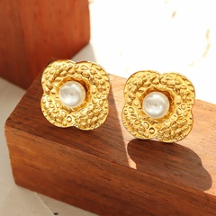 simple geometric imitation pearl titanium steel 18K gold-plated earrings