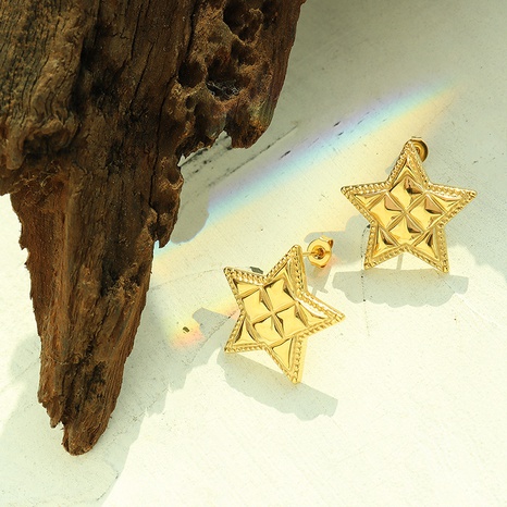 retro three-dimensional five-pointed star titanium steel gold-plated earrings's discount tags