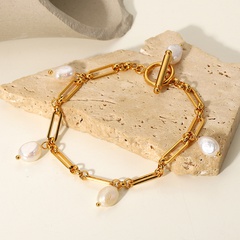 retro pearl stitching chain stainless steel 18K gold-plated OT buckle bracelet