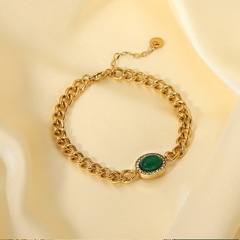 fashion retro inlaid green agate stone 14K gold-plated stainless steel bracelet