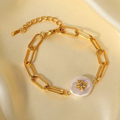 fashion 18K gold-plated stainless steel eight-pointed star inlaid pearl bracelet's discount tags