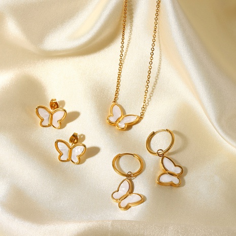Halsketten-Ohrringe aus 18-karätigem Gold in natürlicher weißer Muschel-Schmetterlingsform aus Edelstahl's discount tags