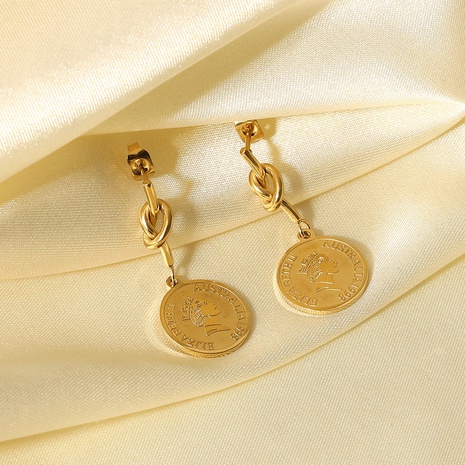 14K Gold Queen Elizabeth Portrait Pendant Knot Stainless Steel Earrings's discount tags