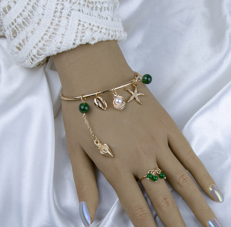 simple green bead shell pearl open bracelet ring set's discount tags