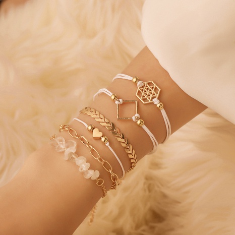 Ethnic style fish bone chain geometric polygon heart crystal bracelet six-piece set's discount tags