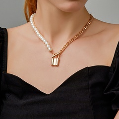 retro creative pearl stitching chain lock pendant alloy necklace wholesale