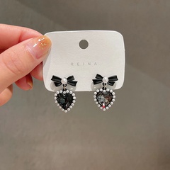 Korean black bow heart pearl alloy earrings female