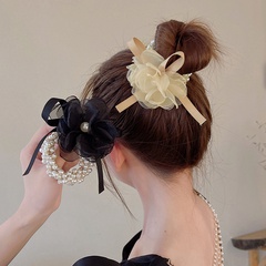 korean style inlaid pearl mesh fabric flower bow shaped elastic hair band