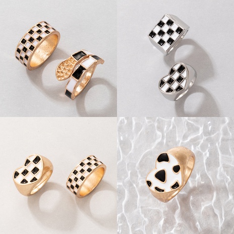 fashion black white checkered snake-shaped oil drop ring two-piece set's discount tags