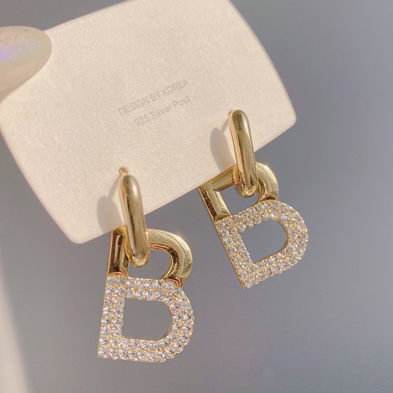 letter Bshaped pendant inlaid rhinestone ear buckle earrings