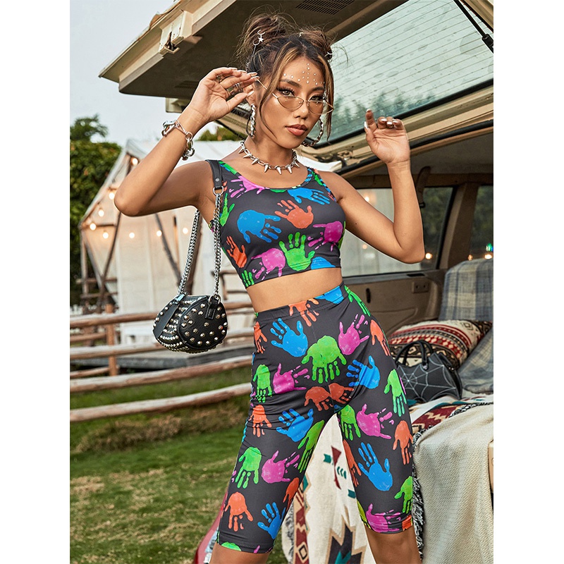 2022 spring and summer new printed round neck camisole twopiece suit women