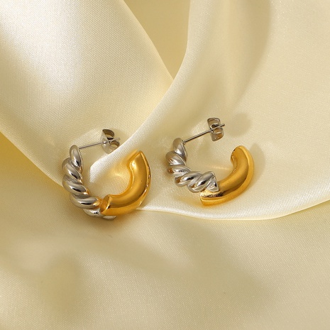 18K gold stainless steel twist stitching smooth C-shaped earrings women's discount tags