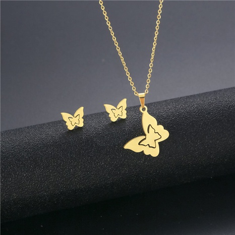 Mexican Insect Butterfly Necklace Earring Set Gold-Plated Stainless Steel Three-piece Set NHAC667005's discount tags