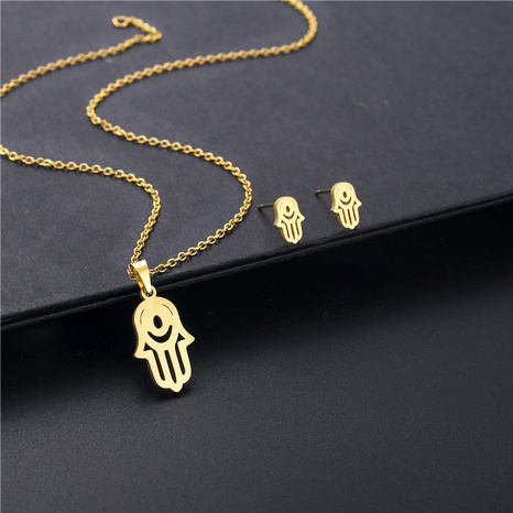 hip hop stainless steel gold eye Fatima pendant necklace earrings set  NHAC667007's discount tags