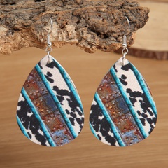 new water drop-shaped denim stitching cow pattern leather retro lychee earrings metal