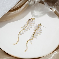 Fashion diamond-studded pearl tassel thin long earrings metal