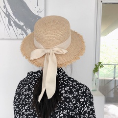 Elegant bow flat top raffia straw hat women's summer beach big brim sun hat