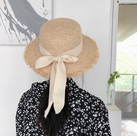 Elegant bow flat top raffia straw hat women's summer beach big brim sun hat NHCOY667125's discount tags