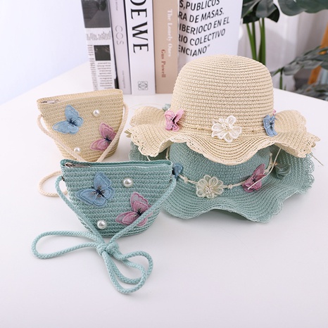 new children's straw hat bag suit flower butterfly big brim sun hat NHCOY667172's discount tags
