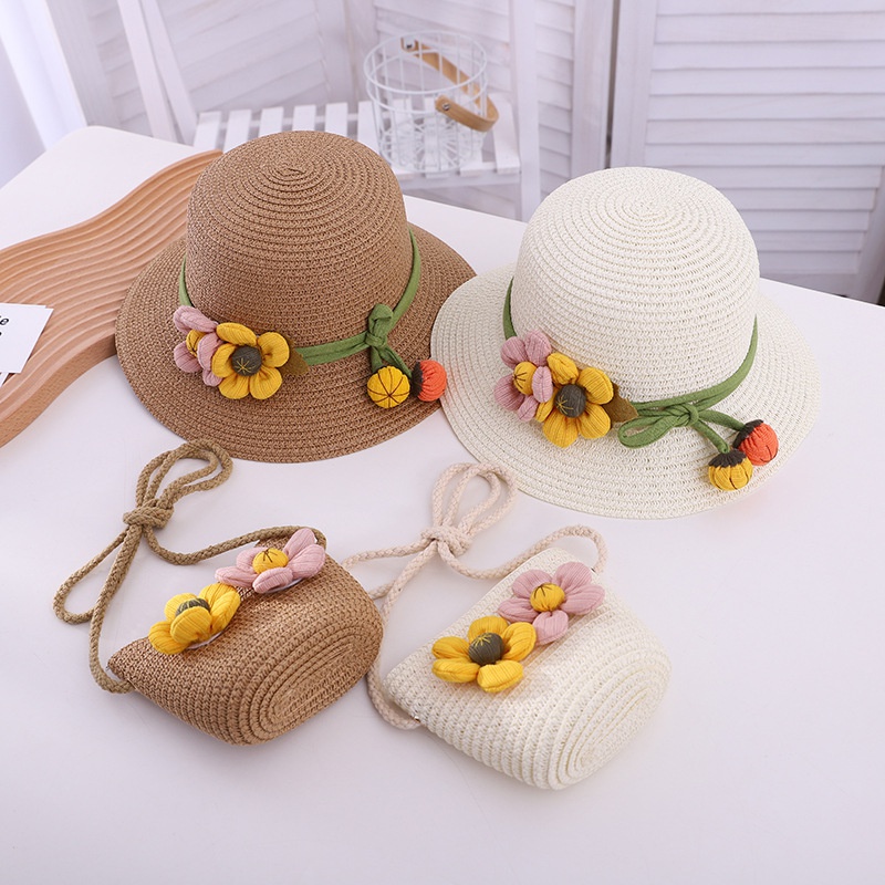 fashion contrast color flower decoration summer baby sun hat travel beach sun straw hat