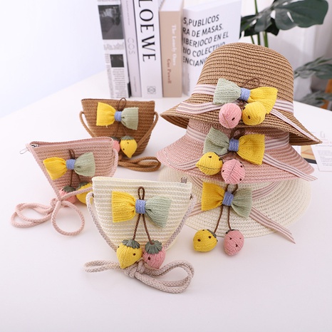 bow strawberry contrast color Children's sun parent-child straw hat wholesale NHCOY667225's discount tags