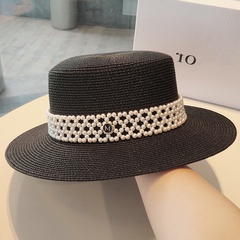 Flat top straw hat summer pearl top hat sunscreen hat travel sunshade hat