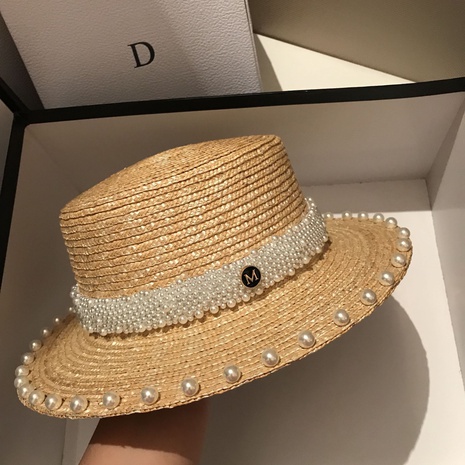 new handmade pearl straw flat top straw hat women's summer beach hat  NHCOY667256's discount tags