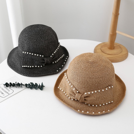 fashion sunshade straw hat female pearl bow foldable pot hat  NHCOY667277's discount tags