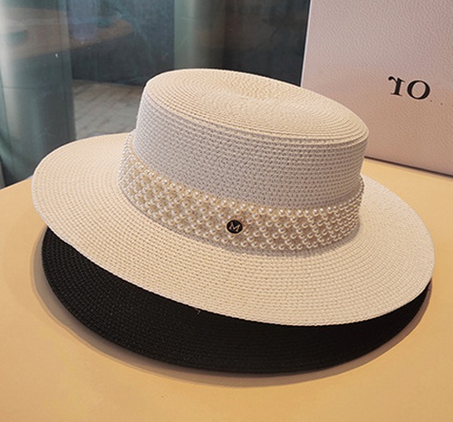 Flat top straw hat summer pearl top hat sunscreen hat travel sunshade hat NHCOY667254's discount tags