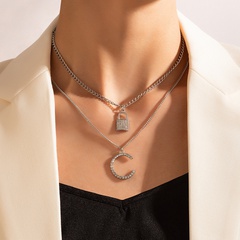 Fashion Diamond Lock Geometric Letter C Multilayer Necklace