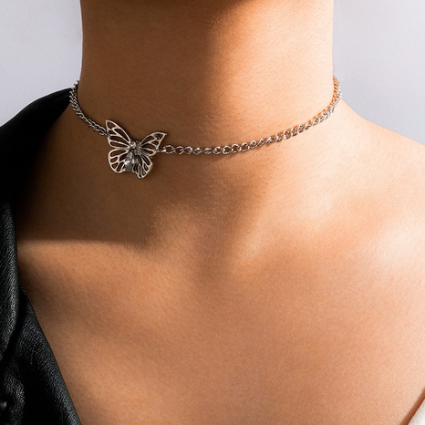 fashion butterfly hollow diamond single layer irregular choker clavicle chain NHGY667555's discount tags