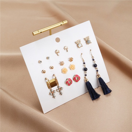 fashion diamond cross tassel owl earrings 9 pairs wholesale's discount tags