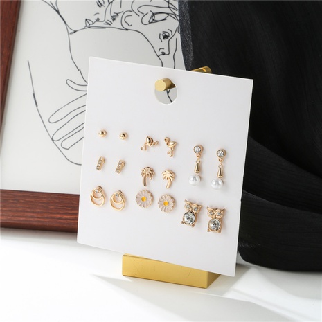 fashion trendy small daisy retro owl combination set earrings wholesale's discount tags