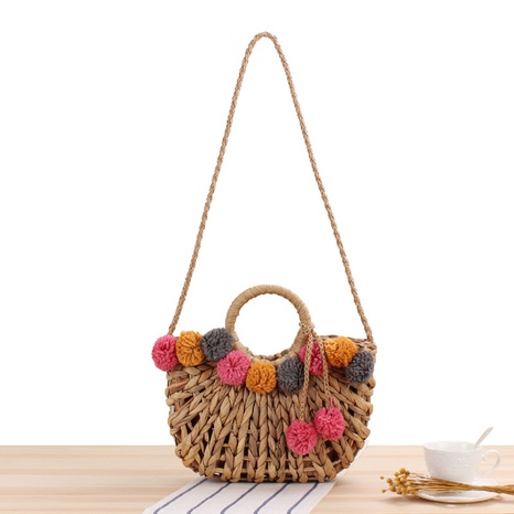 new cute color hair ball hollow hand-carried straw woven bag 32*28*7cm NHSRH667637's discount tags