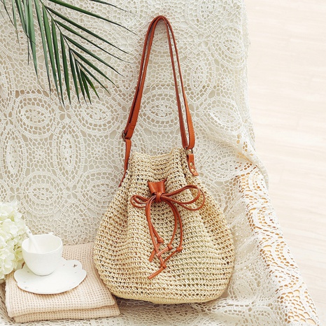 New style drawstring shoulder woven bag Korean style straw bag 34*32*22cm NHSRH667725's discount tags
