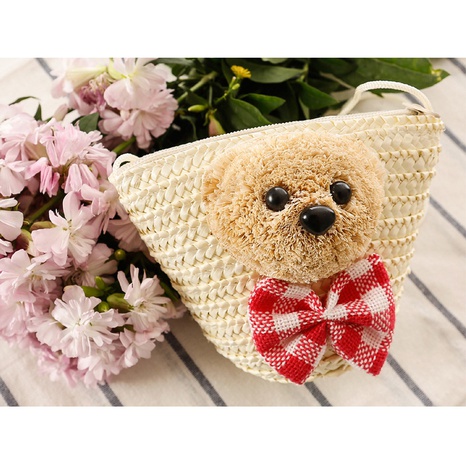 New cute bear head bow straw woven bag messenger beach bag 16*12*5cm NHSRH667745's discount tags