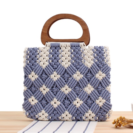 new wooden handle plaid straw lace hand-held casual cotton rope woven bag 30*26cm NHSRH667765's discount tags