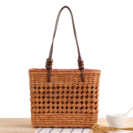 new natural corn husk hand-woven solid color hollow one-shoulder straw bag 30*23*13cm NHSRH667768's discount tags