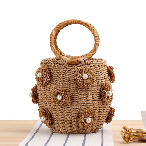 new hand-carried hand-woven flower pearl bucket straw woven bag 19*14*12cm NHSRH667770's discount tags