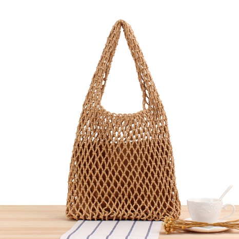 new solid color net pocket cotton thread hand-carrying one-shoulder woven bag 27*29*10cm NHSRH667771's discount tags