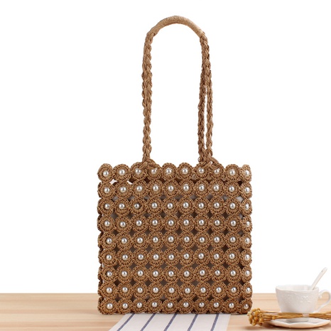 Korean new handmade paper rope pearl square solid color woven straw bag 30*30cm NHSRH667774's discount tags