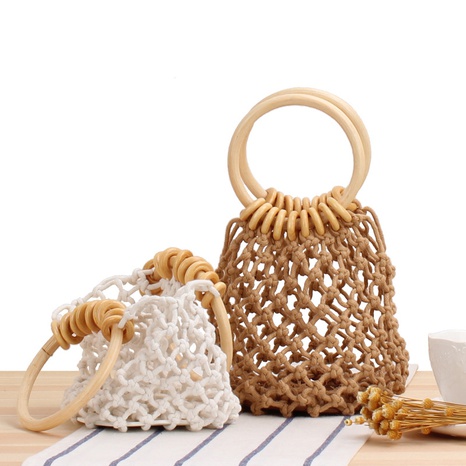 new solid color net pocket hand-woven bag cotton thread hand-held beach bag 16*12*12cm NHSRH667780's discount tags