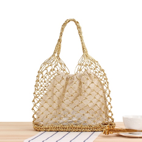 new solid color thread hand crochet woven hand-held straw bag 35*28*13cm NHSRH667792's discount tags