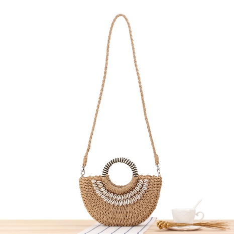 simple style hand-sewn natural shell semi-circle hand-held straw bag 24*7*30cm NHSRH667795's discount tags