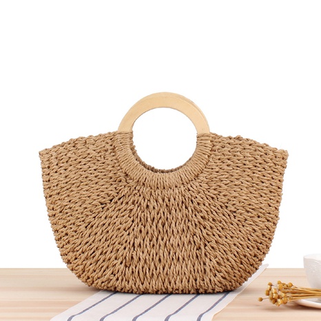solid color large-capacity wooden handle straw woven bag 38*30*13cm NHSRH667828's discount tags
