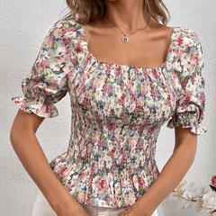 Summer tight pink floral stretch pleated top chiffon shirt