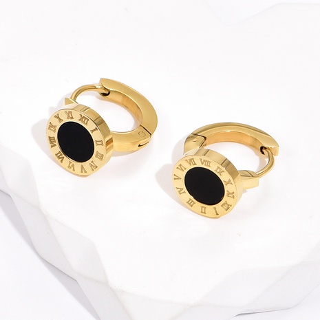 Titanium Steel Fashion 14K Gold Simple Roman Numeral Black Bezel Earrings's discount tags